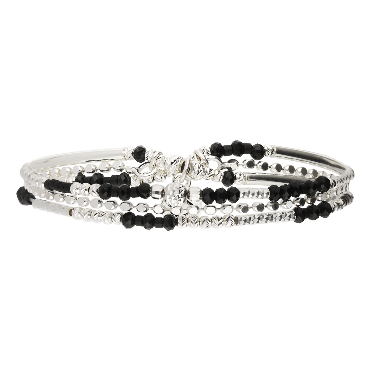 Bracelet Élastique En Argent 925 2 Tours Et Chaîne Noir Calvi