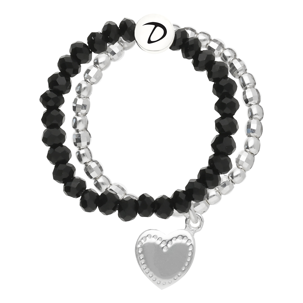 Bague Double Élastique Argent 925 Noire Coeur Penché Gravable