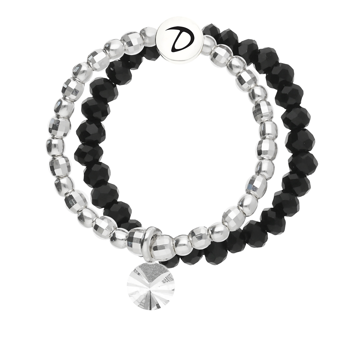 Bague Double Élastique Argent 925 Noire Pastille Ciselée