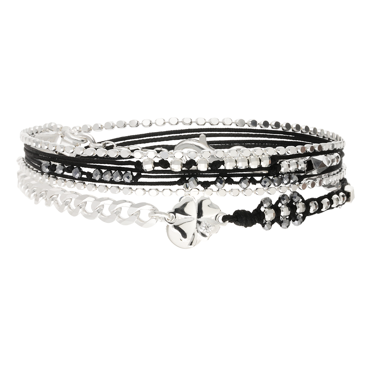 Bracelet 2 Tours Argent 925 Noir Trêfle Le Chanceux
