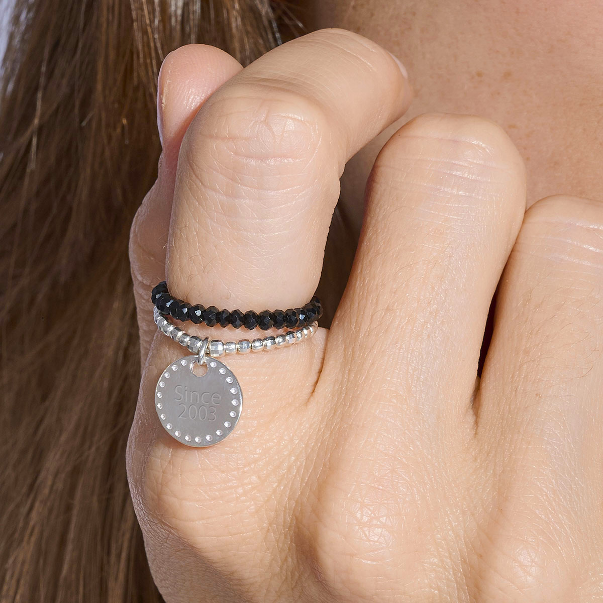 Bague Double Élastique Argent 925 Noire Pastille Petits Points Gravable