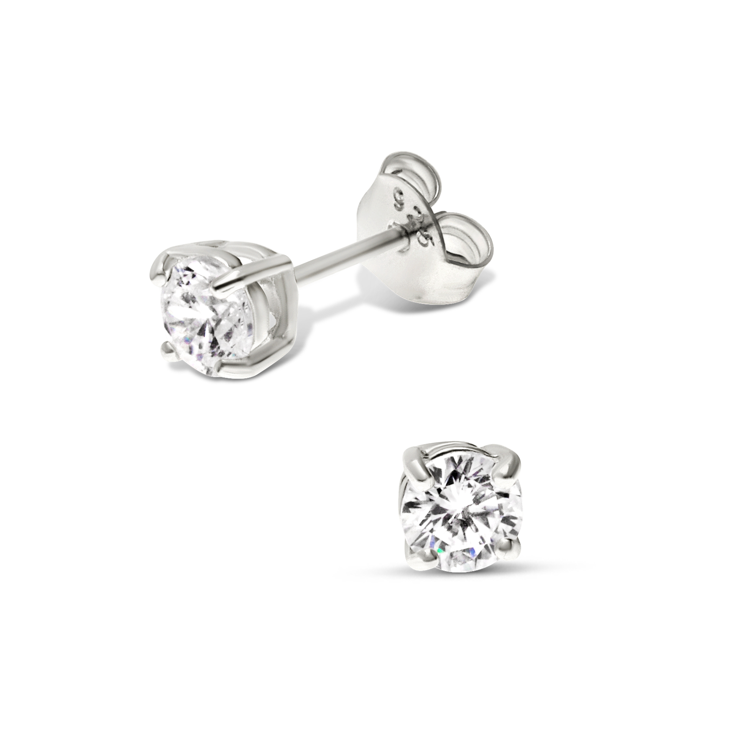Boucles D'oreilles Clous Argent 925 – Zirconium Rond 4 Mm – Rhodié – Bijouxia
