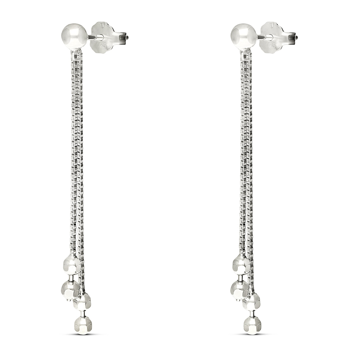 BOUCLES DOUBLE CHAINES ET BOULES ARGENT