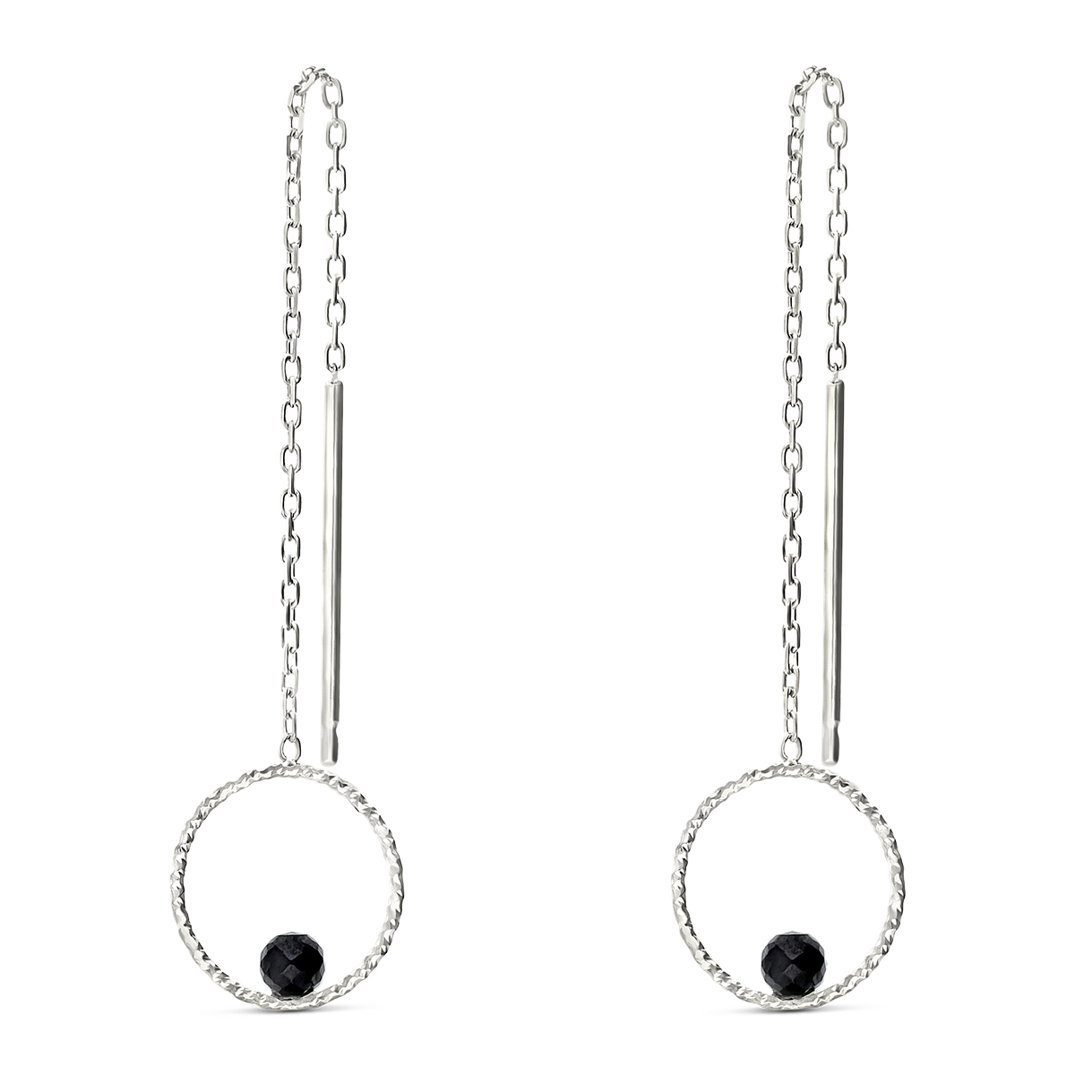 BOUCLES PENDANTES ANNEAU CISELÉ ET PERLE NOIRE