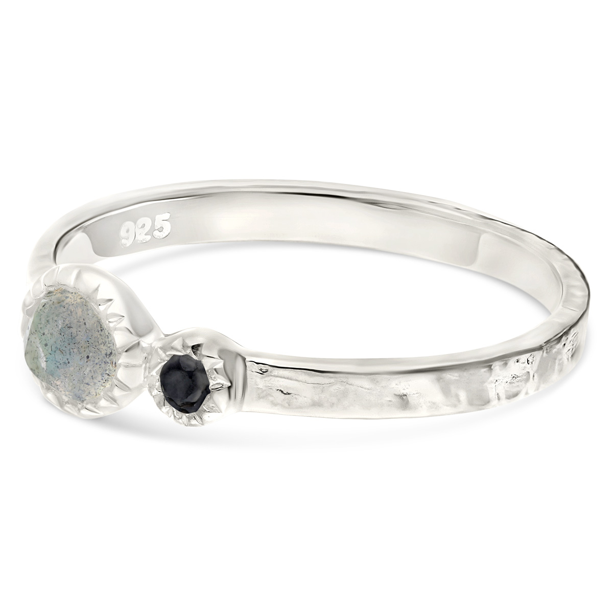BAGUE ANNEAU MARTELÉ PIERRE RONDE GRISE ET NOIRE