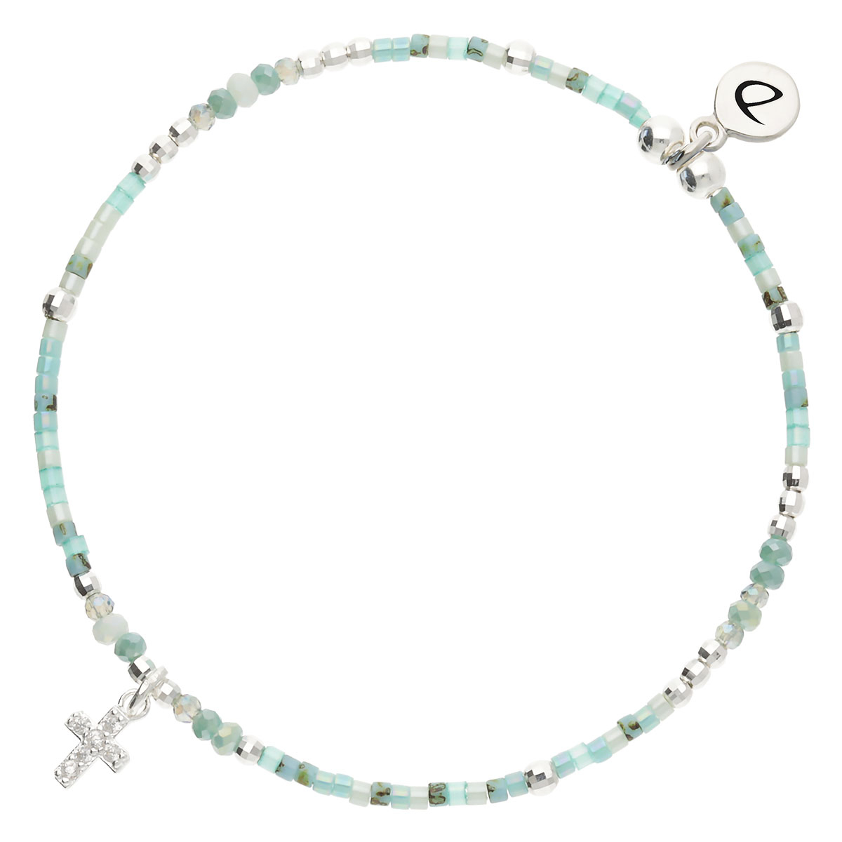 Bracelet Élastique Argent 925 Croix Oxyde Zirconium Vert Turquoise