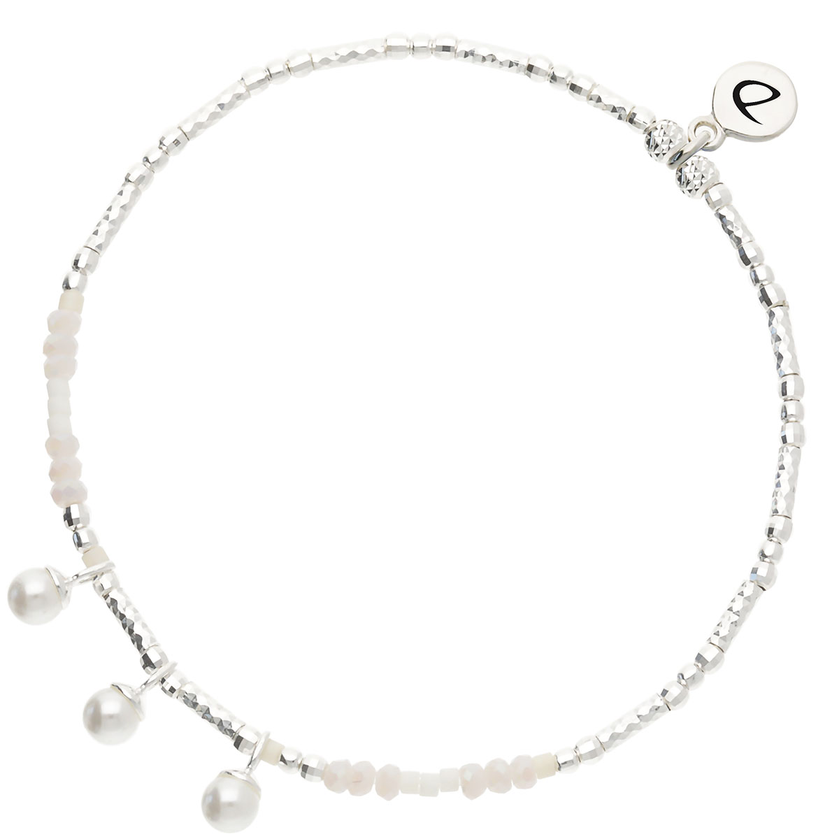 Bracelet Élastique Argent 925 3 Perles Nacres Beige Écru