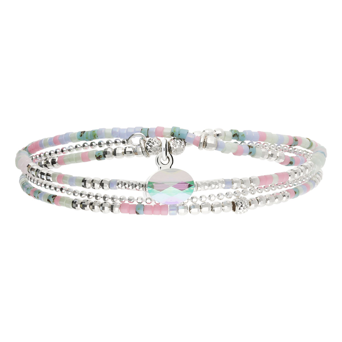 Bracelet Élastique 2 Tours Argent 925 Spring Bleu Rose Chaîne Diamantée