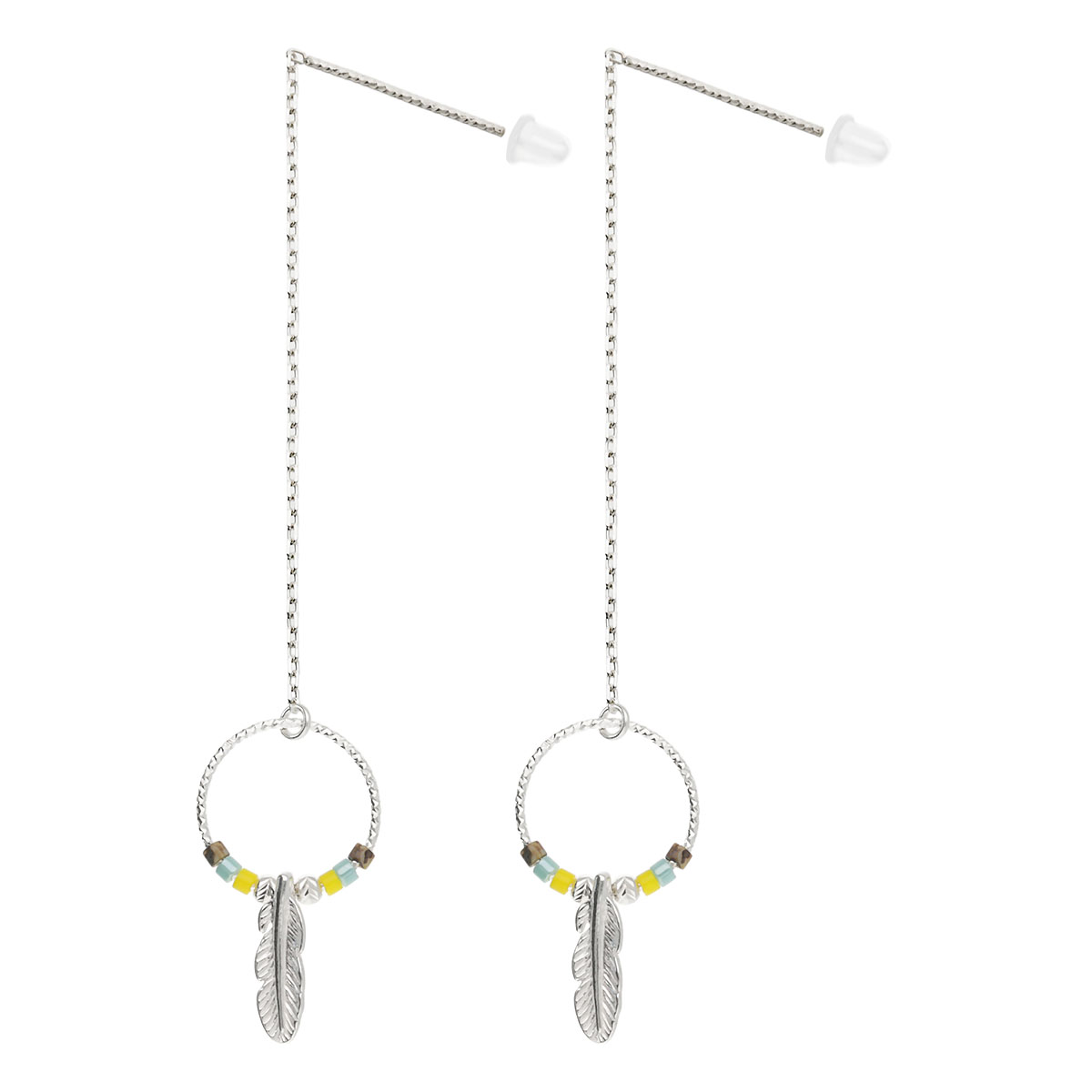 Boucles Pendantes Argent 925 Plume Bohème Indien