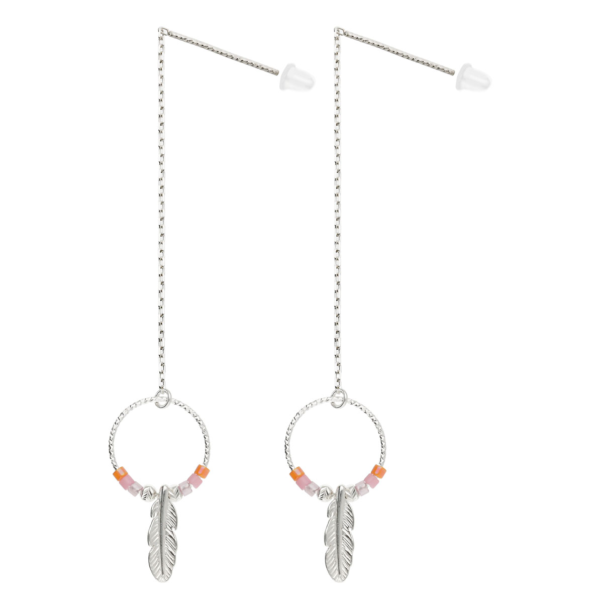 Boucles Pendantes Argent 925 Plume Bohème Rose Violet