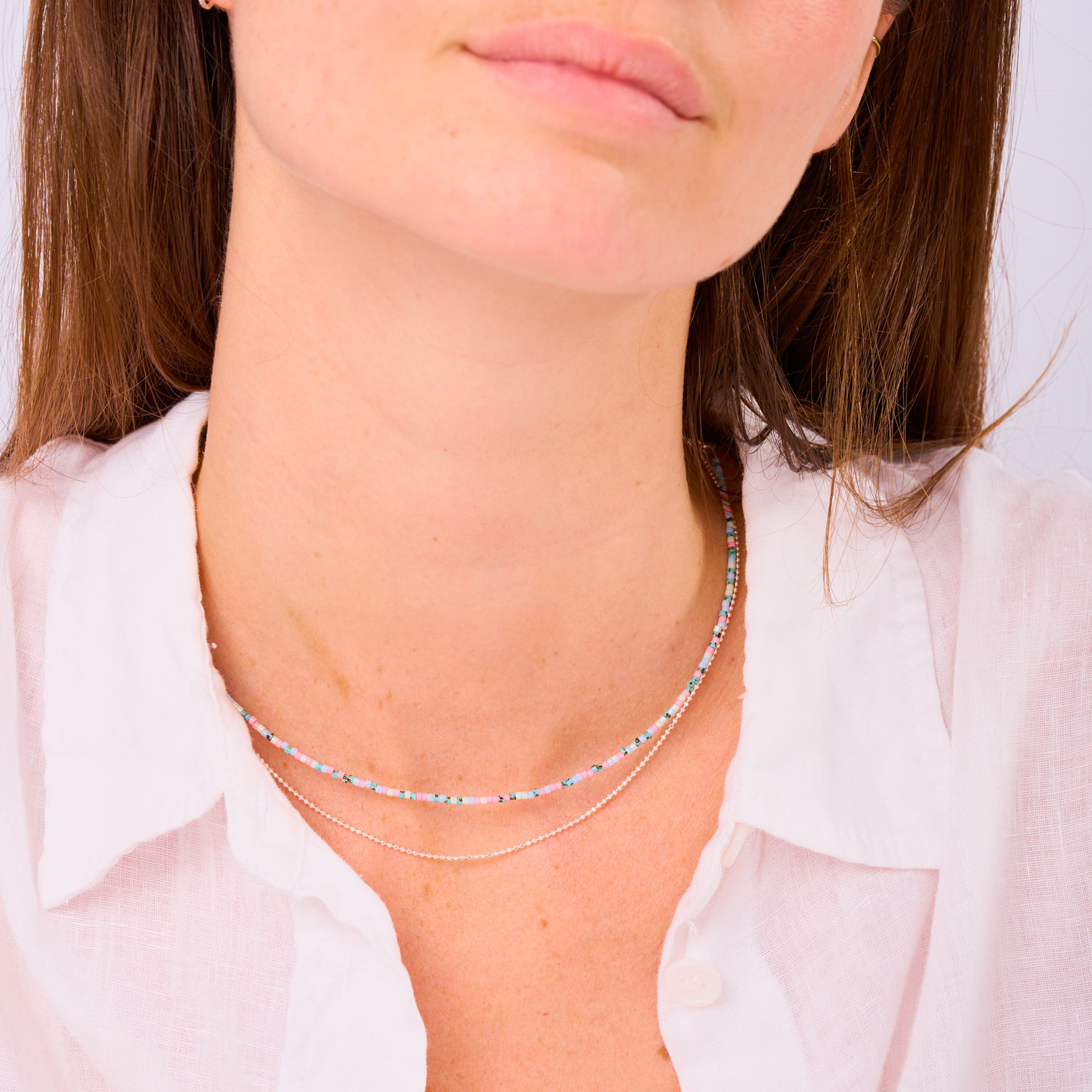 Collier Double Rangs Argent 925 Bleu Rose Le Miyuki
