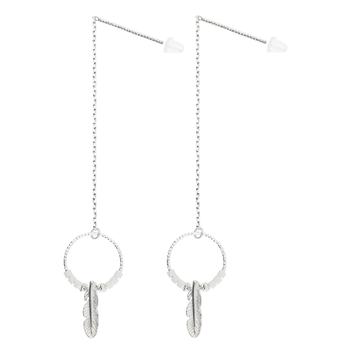 Boucles Pendantes Argent 925 Plume Bohème Blanc