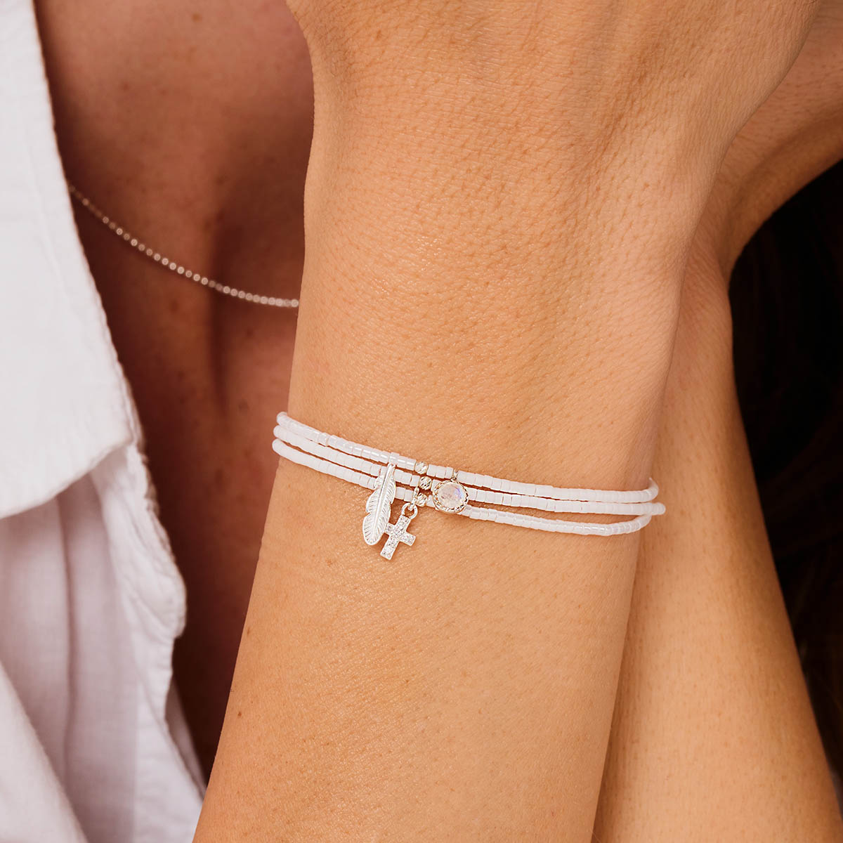 Bracelet Élastique 3 Tours Argent 925 Le Rock Intense Blanc