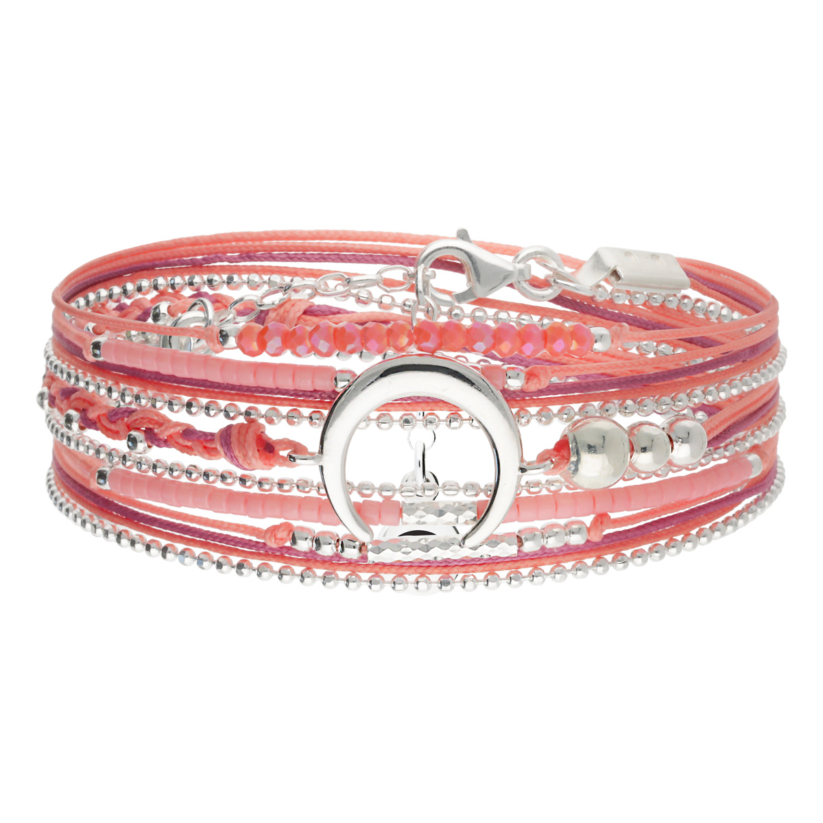 Bracelet 3 Tours Argent 925 Rose Corail Fuchsia Croissant