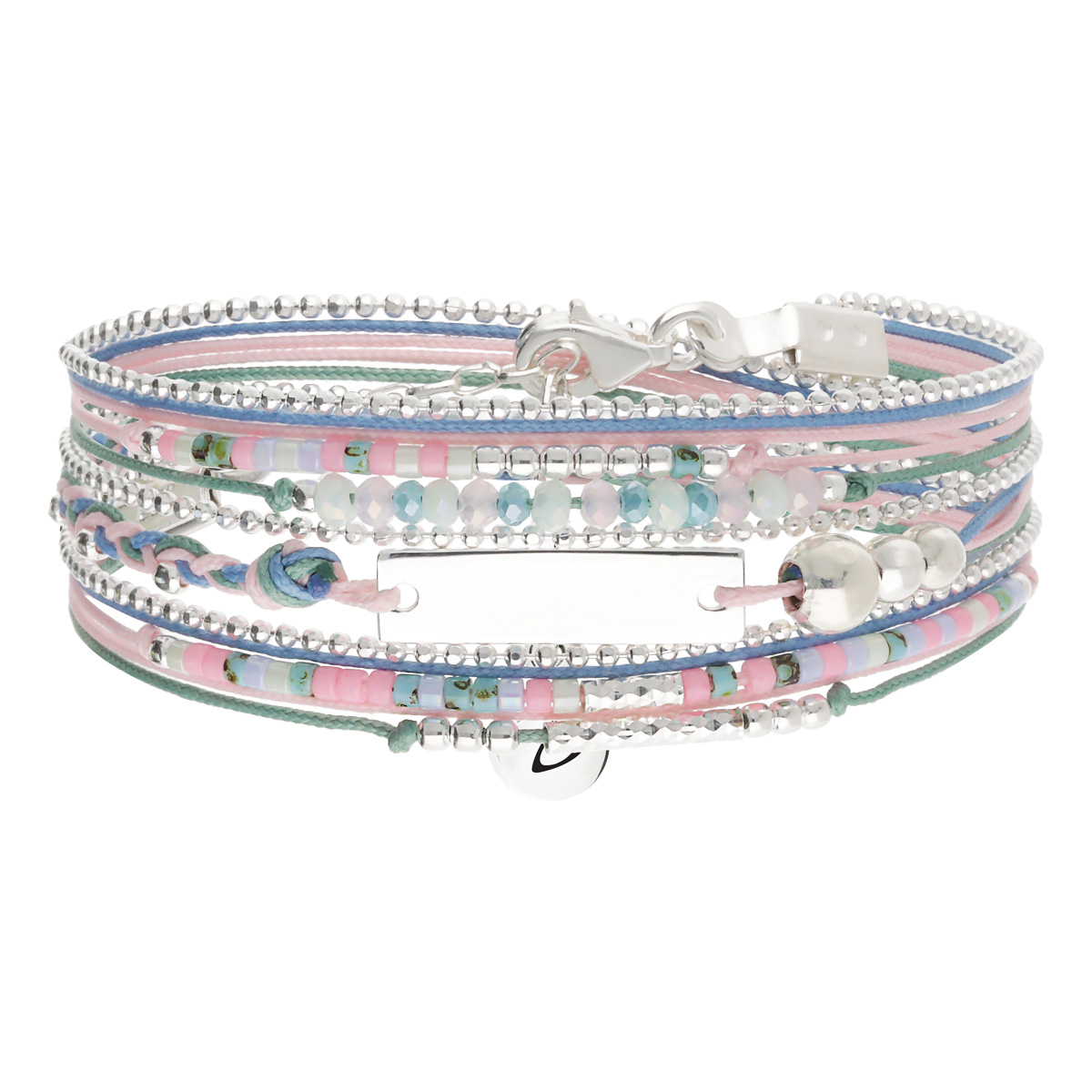 Bracelet 3 Tours Argent 925 Bleu Rose Plaque Gravable