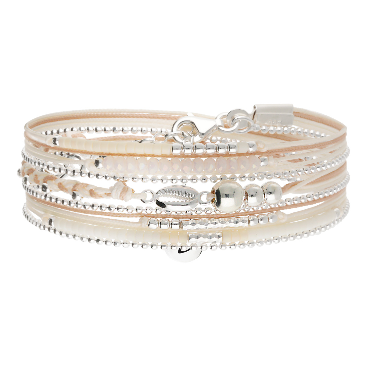 Bracelet 3 Tours Argent 925 Beige Écru Petit Cauris