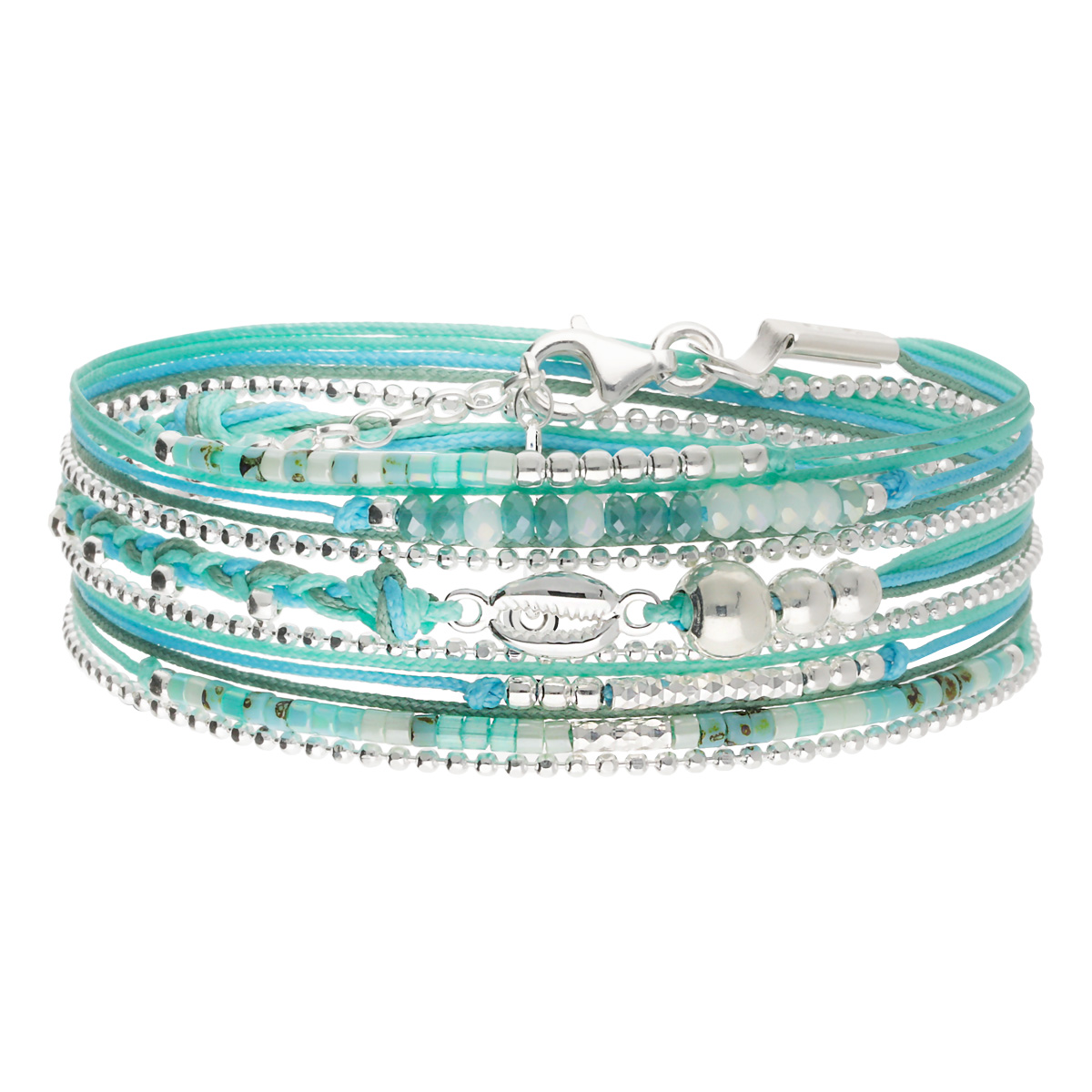 Bracelet 3 Tours Argent 925 Vert Turquoise Petit Cauris