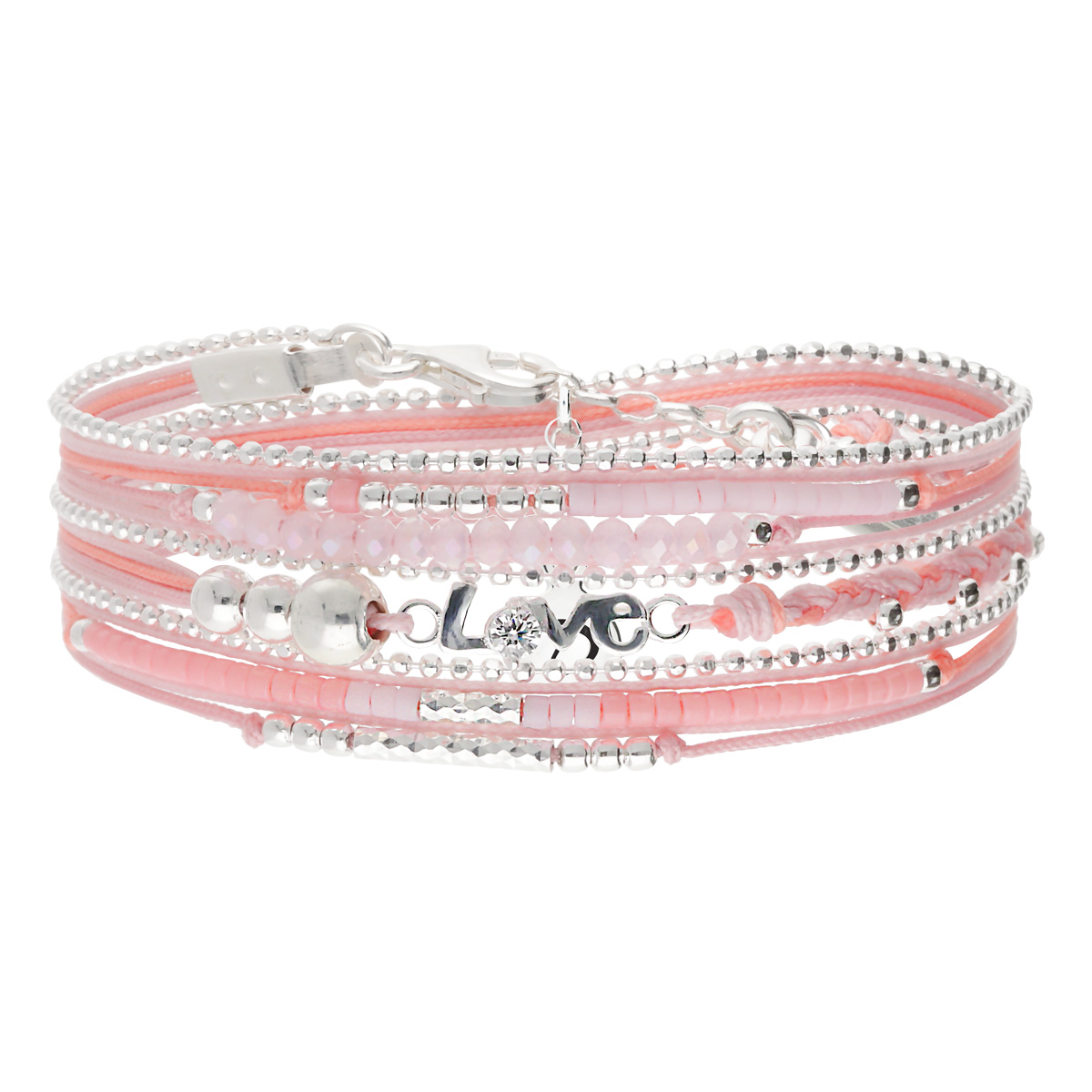 Bracelet 3 Tours Argent 925 Rose Pastel Corail Love Orné d\'un Zirconium