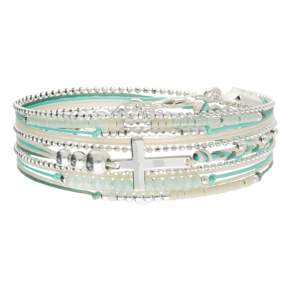 Bracelet 3 Tours Argent 925 Croix Lisse Vert Pastel