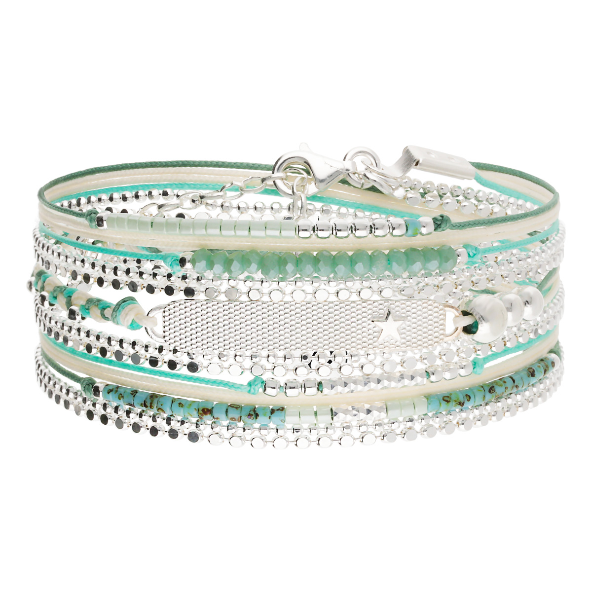 Bracelet 3 Tours Argent 925 Vert Plaque Étoile