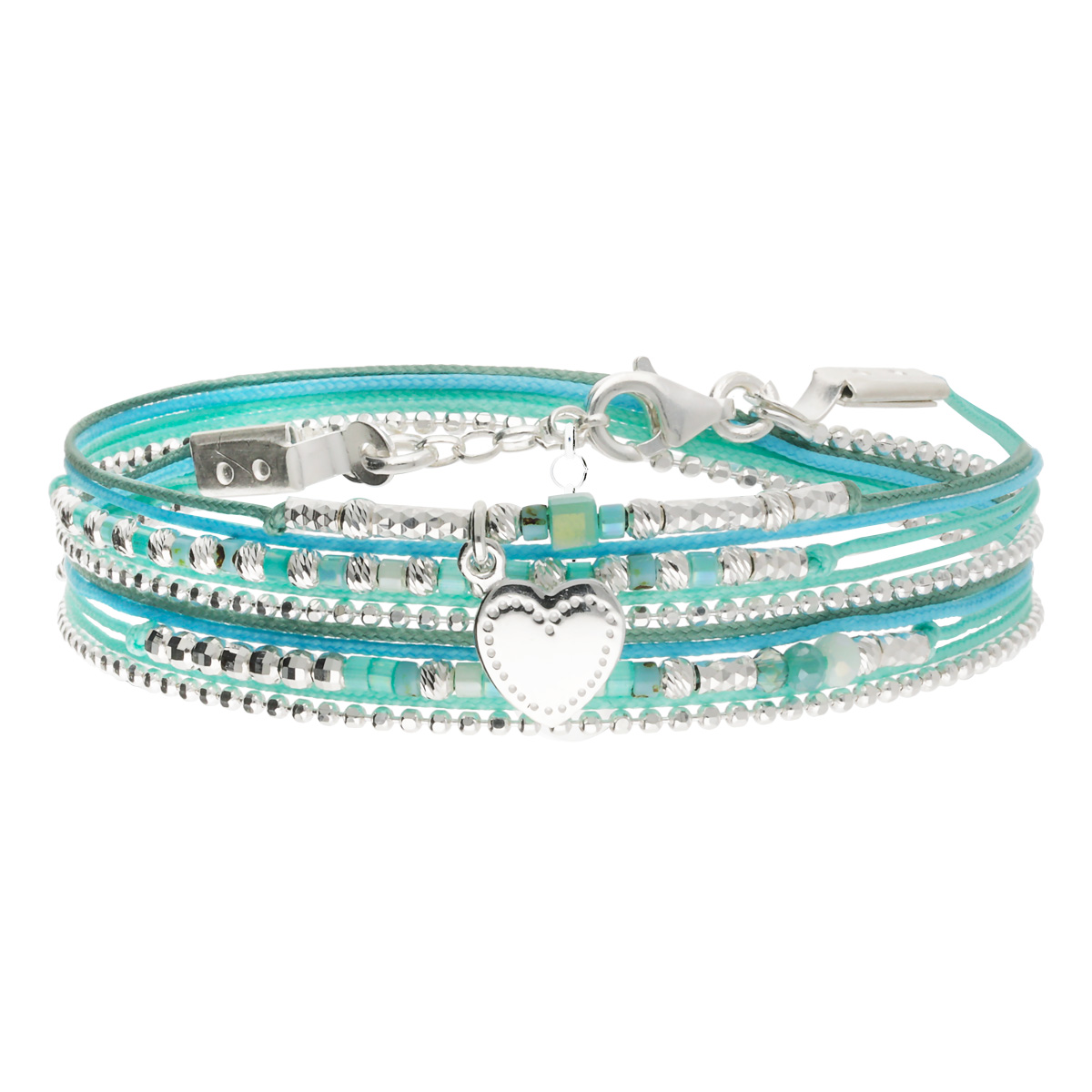 Bracelet 2 Tours Argent 925 Vert Turquoise Coeur D\' Amour Gravable