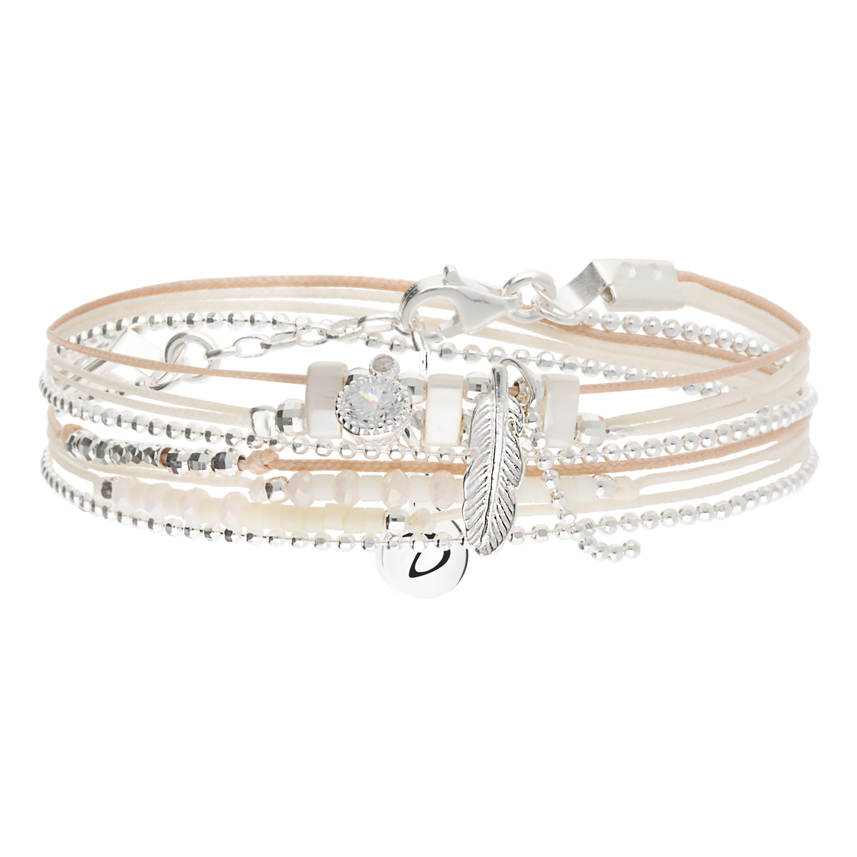Bracelet 2 Tours Argent 925 Éclat d Oxyde et Plume Bohème Beige Écru