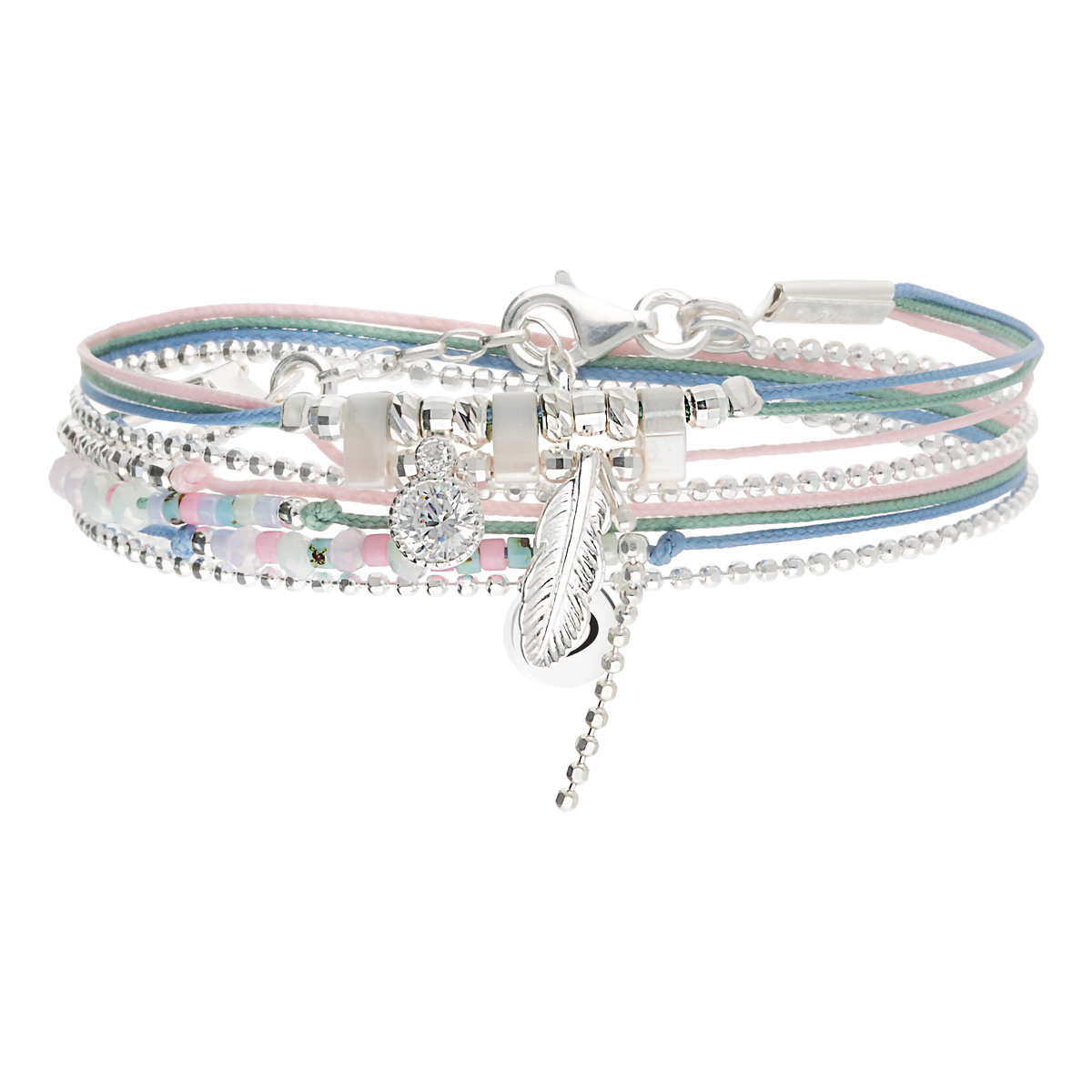 Bracelet 2 Tours Argent 925 Éclat d Oxyde et Plume Bohème Bleu Rose
