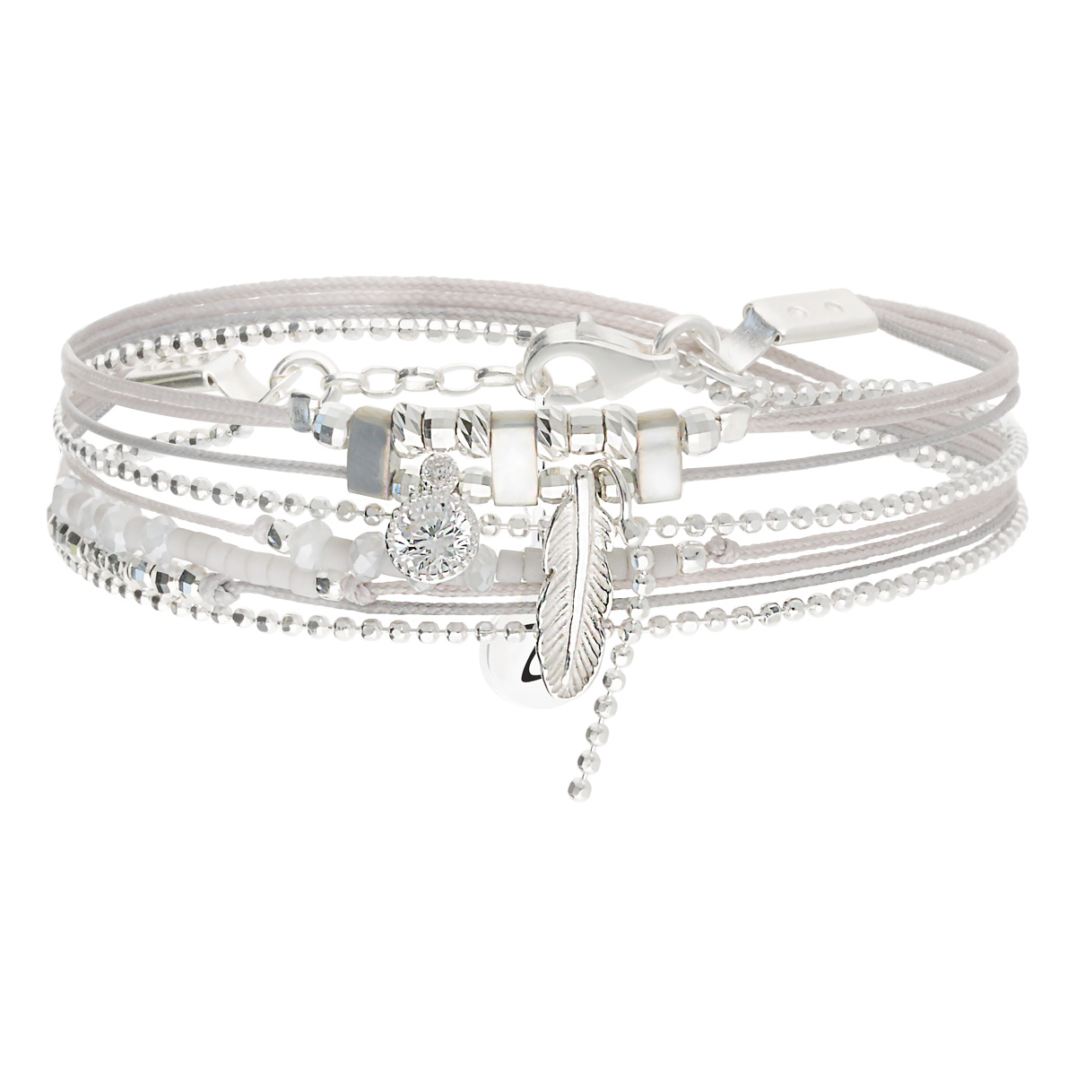 Bracelet 2 Tours Argent 925 Éclat d Oxyde et Plume Bohème Gris