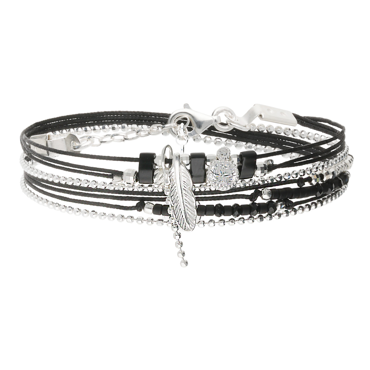 Bracelet 2 Tours Argent 925 Éclat d Oxyde et Plume Bohème Noir