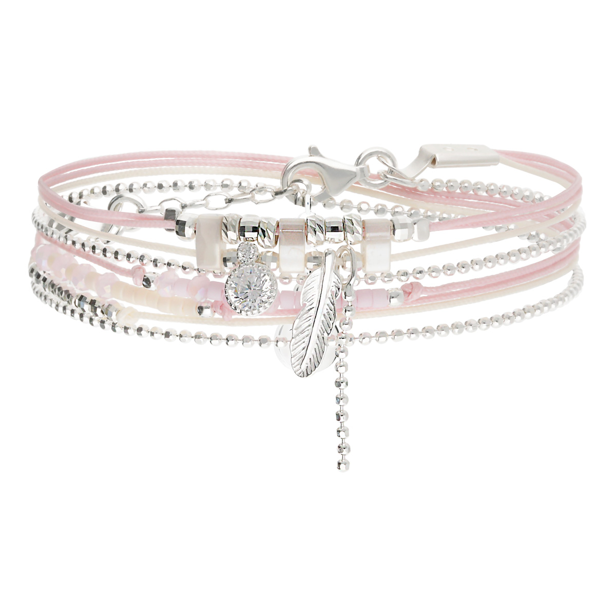 Bracelet 2 Tours Argent 925 Éclat d Oxyde et Plume Bohème Rose Pastel