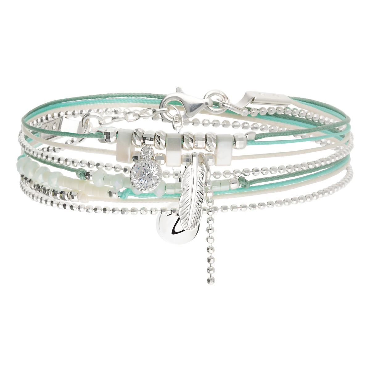 Bracelet 2 Tours Argent 925 Éclat d Oxyde et Plume Bohème Vert Pastel