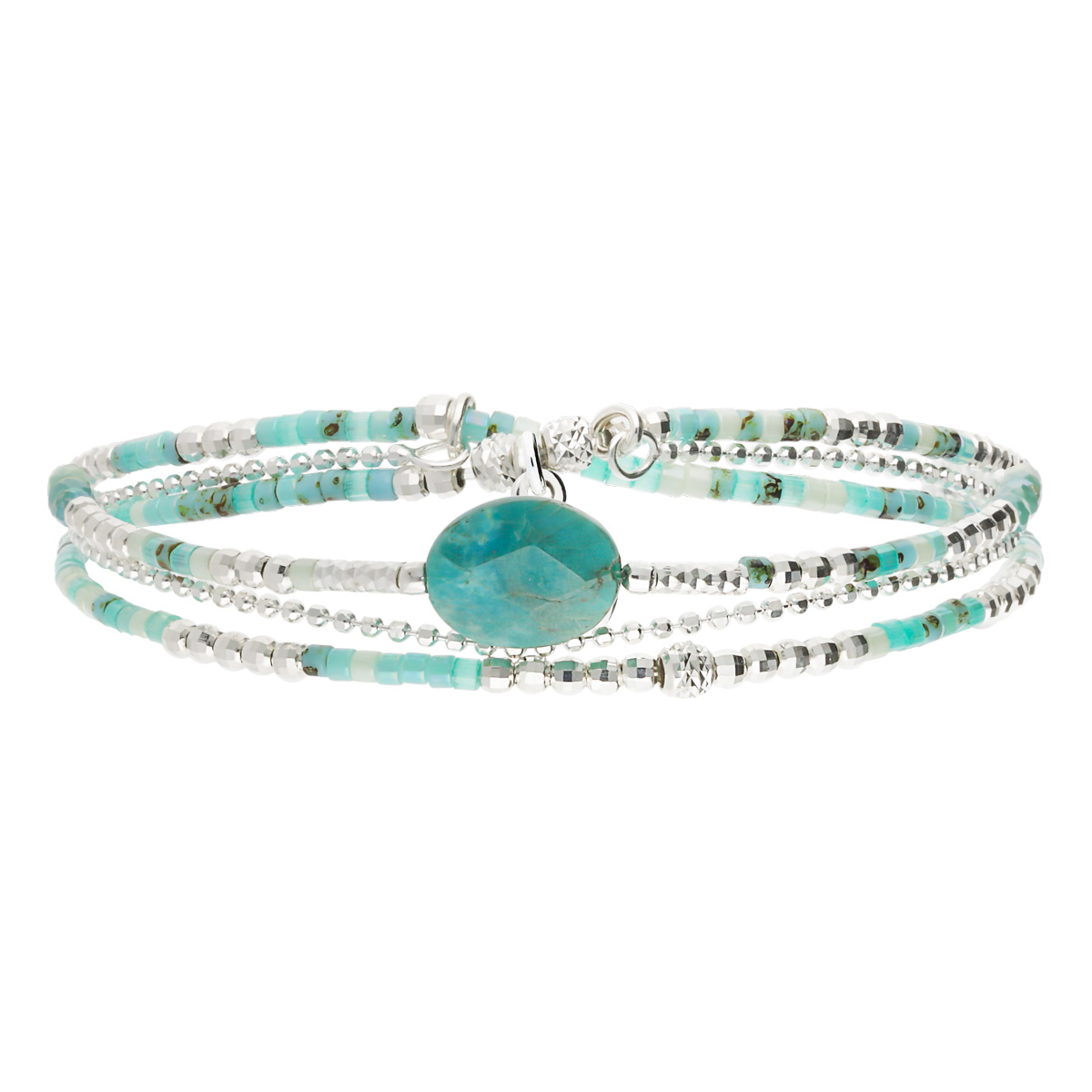 Bracelet Élastique 2 Tours Argent 925 Spring Vert Turquoise Chaîne Diamantée