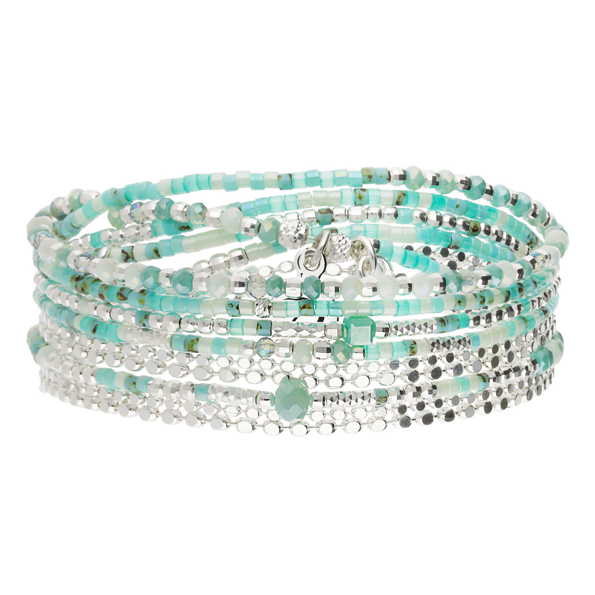 Bracelet Élastique 5 Tours Argent 925 Double Chaîne Vert Turquoise