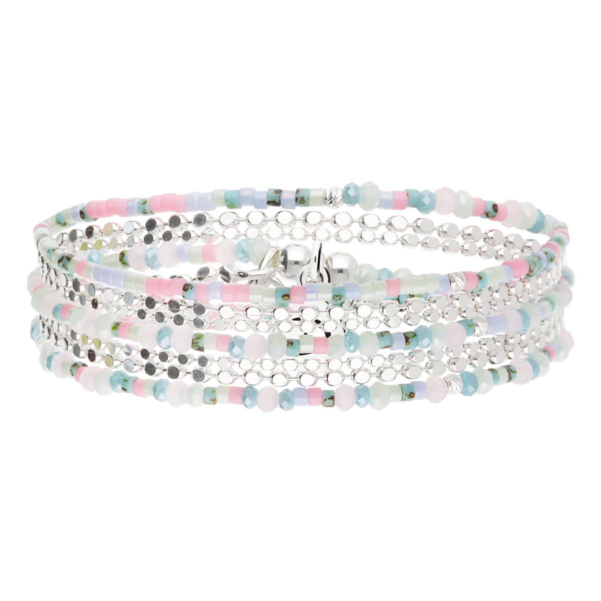 Bracelet Élastique 3 Tours Argent 925 Bleu Rose avec Chaînes