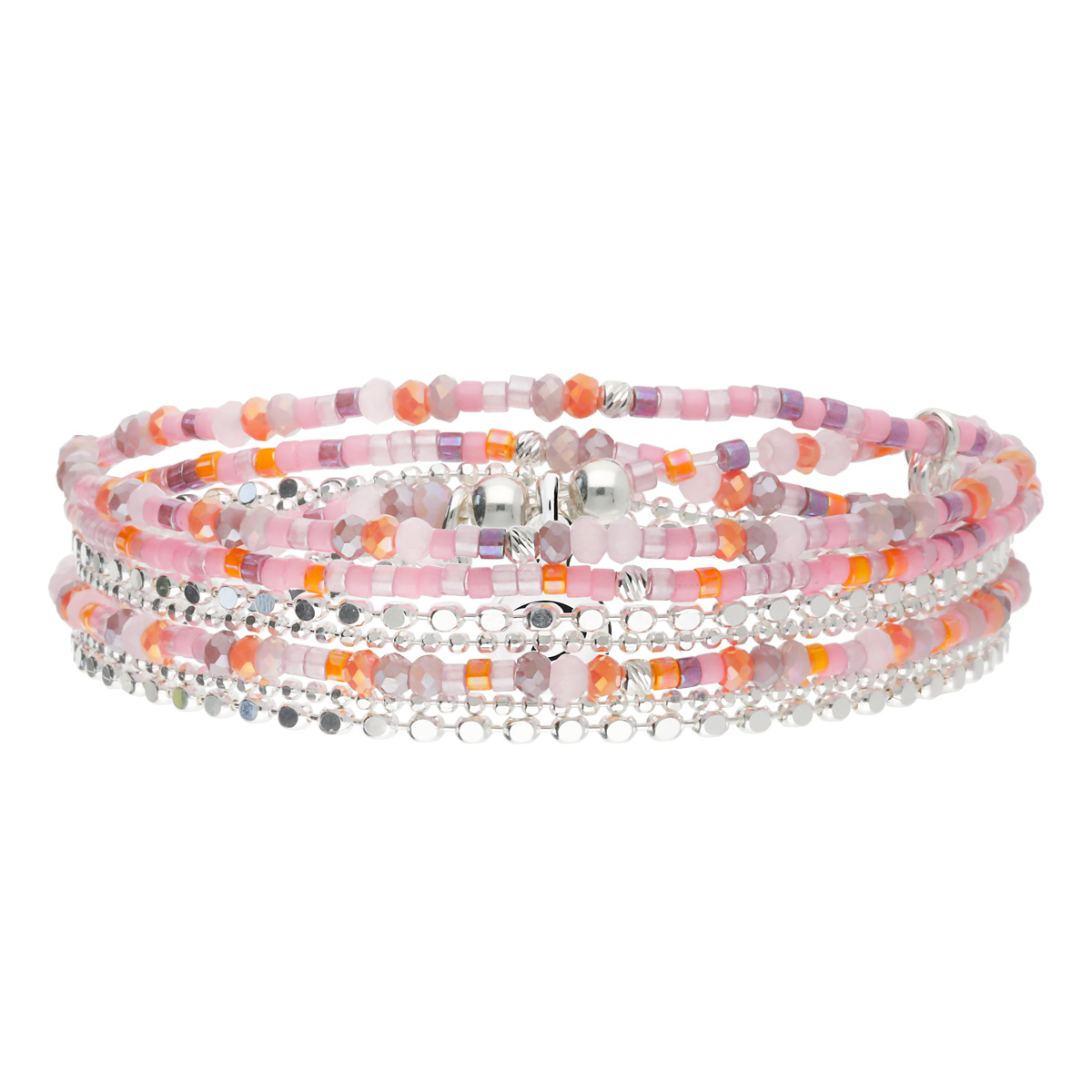 Bracelet Élastique 3 Tours Argent 925 Rose Violet avec Chaînes