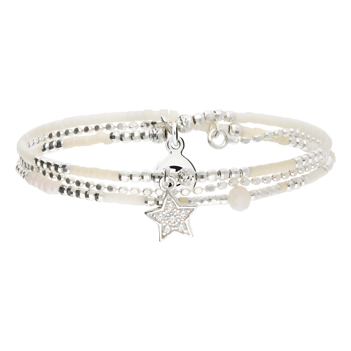 Bracelet Élastique 2 Tours Argent 925 Et Chaîne Beige Écru Orné D Une Étoile Pavée D Oxydes De Zirconium