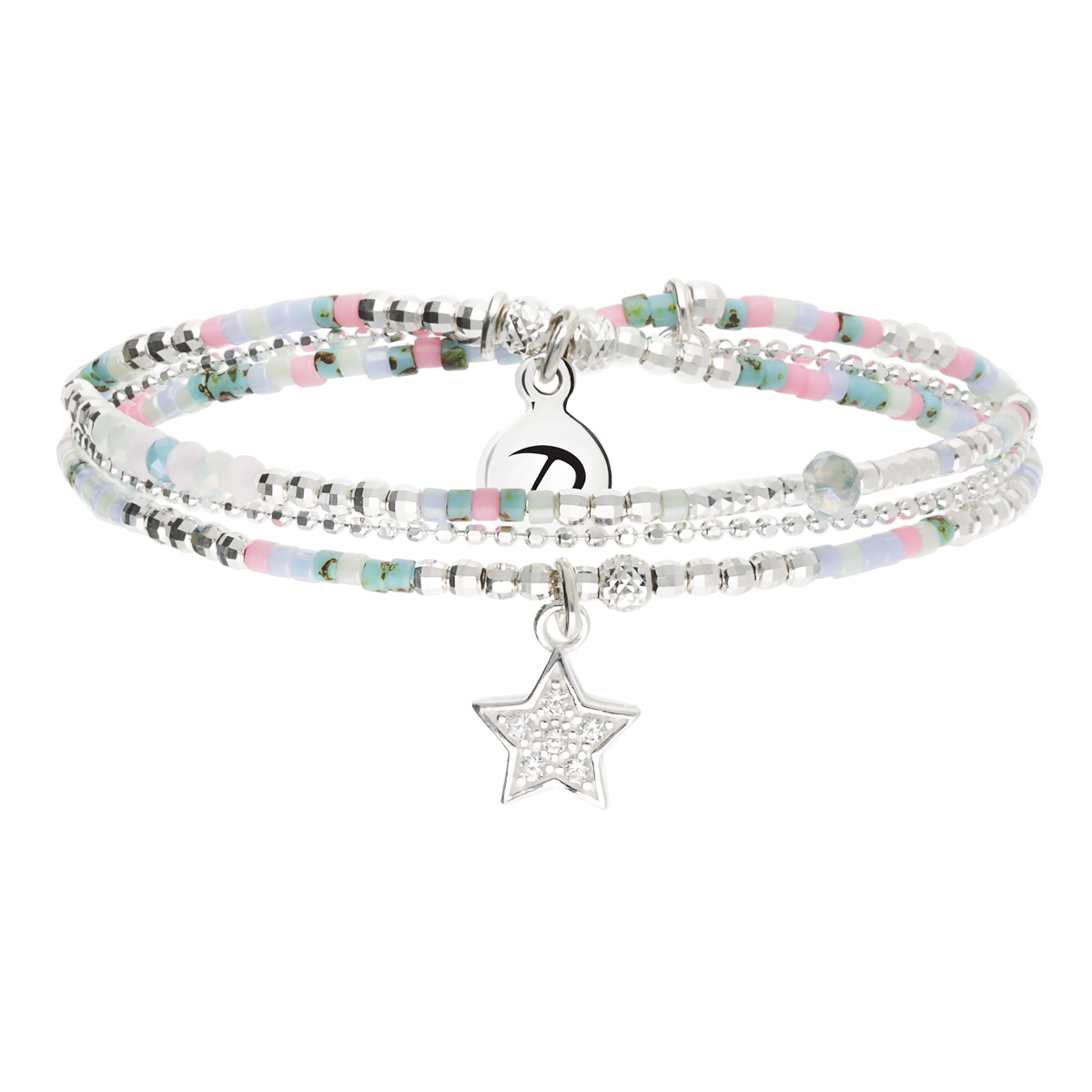 Bracelet Élastique 2 Tours Argent 925 Et Chaîne Bleu Rose Orné D Une Étoile Pavée D Oxydes De Zirconium