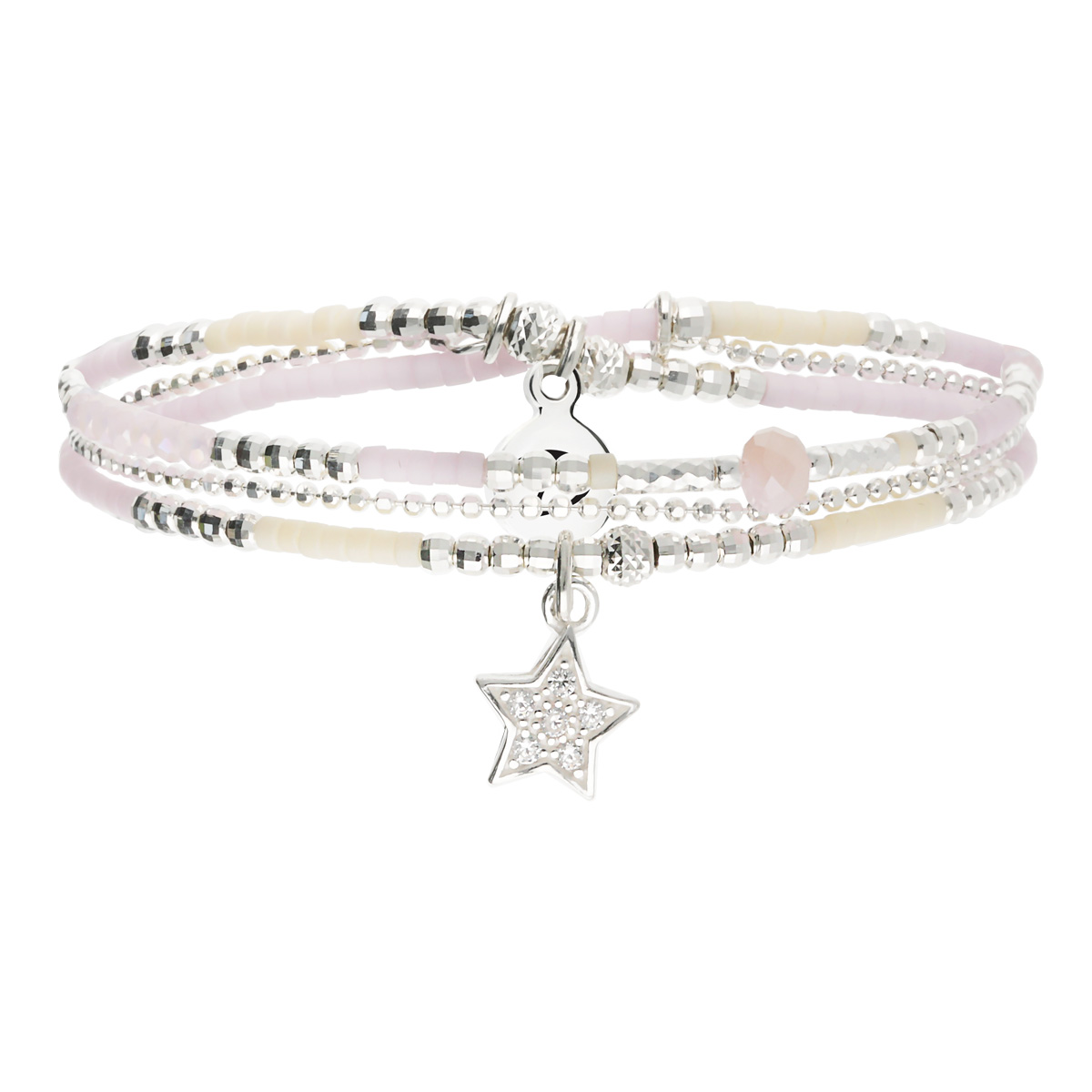 Bracelet Élastique 2 Tours Argent 925 Et Chaîne Rose Pastel Orné D Une Étoile Pavée D Oxydes De Zirconium