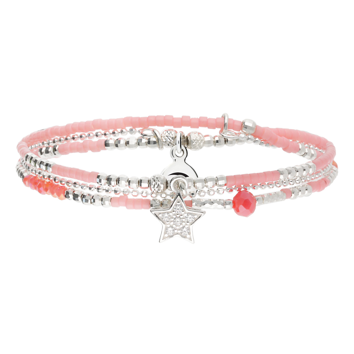Bracelet Élastique 2 Tours Argent 925 Et Chaîne Corail Orné D Une Étoile Pavée D Oxydes De Zirconium
