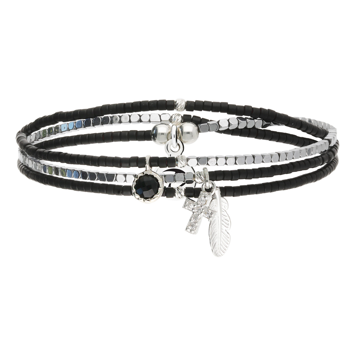 Bracelet Élastique 3 Tours Argent 925 Le Rock Intense Noir Hématite