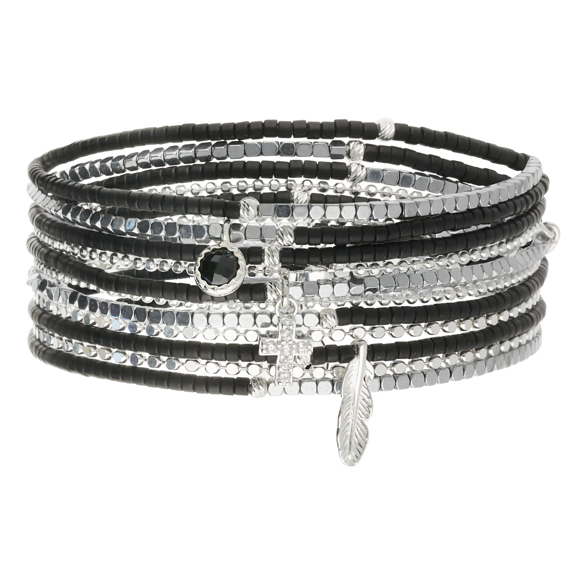 Bracelet Élastique 7 Tours Argent 925 Le Rock Intense Noir Hématite