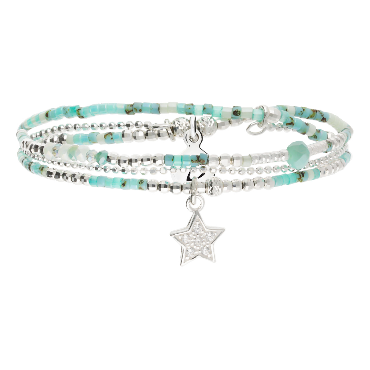 Bracelet Élastique 2 Tours Argent 925 Et Chaîne Vert Turquoise Orné D Une Étoile Pavée D Oxydes De Zirconium