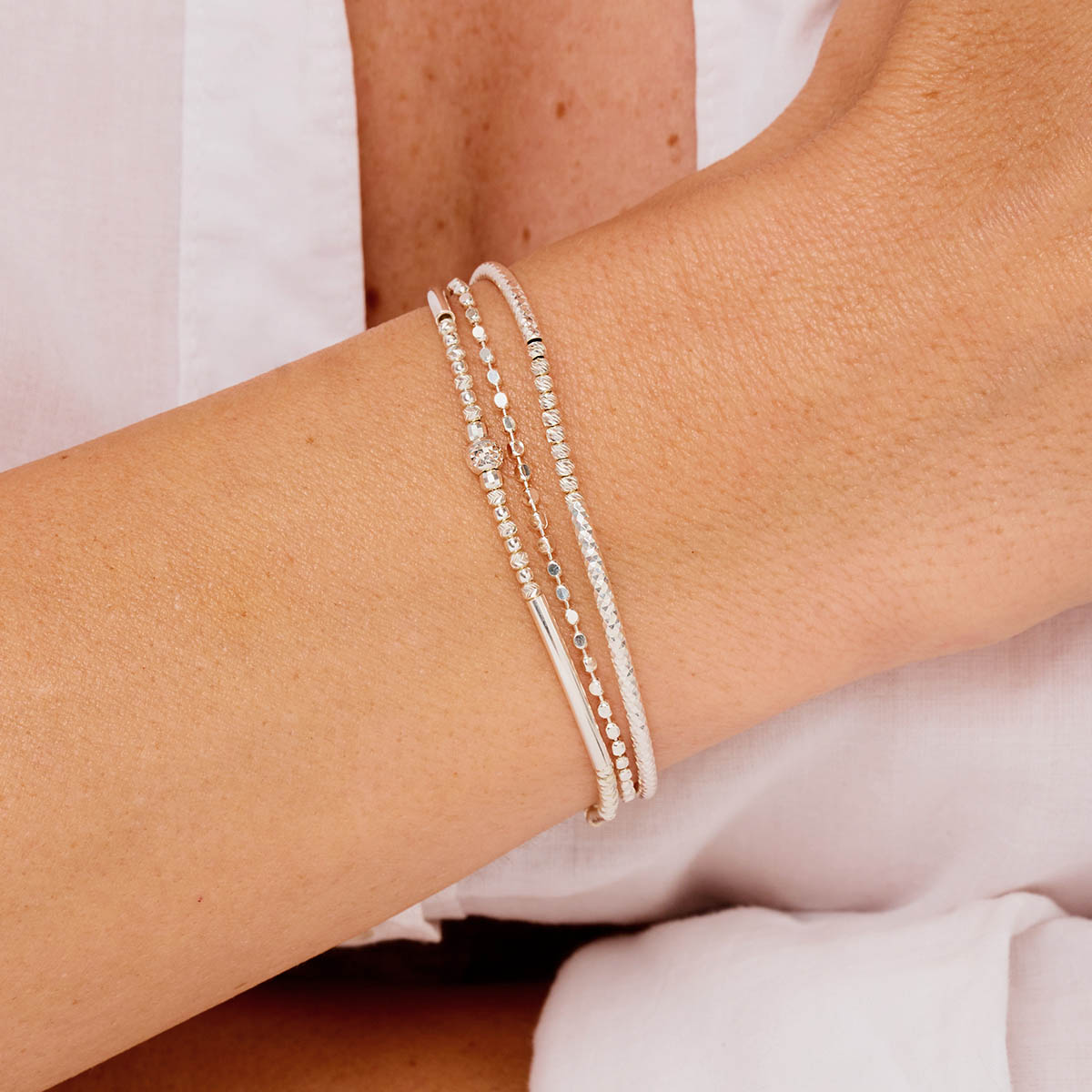 BRACELET DOUBLE ELASTIQUE TUBES LISSES CHAINE CALVI SILVER