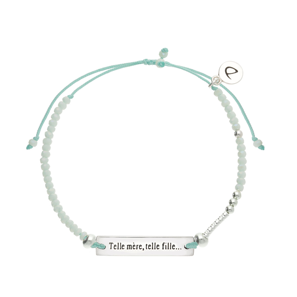 Bracelet Argent 925 Message Telle mère, telle fille... Cordon Vert Perles Vert Clair