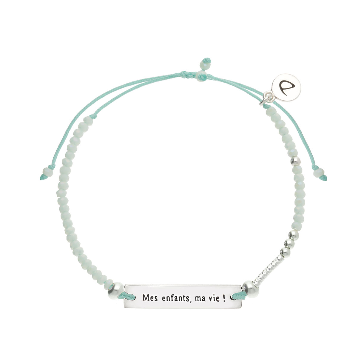 Bracelet Argent 925 Message Mes enfants, ma vie! Cordon Vert Perles Vert Clair