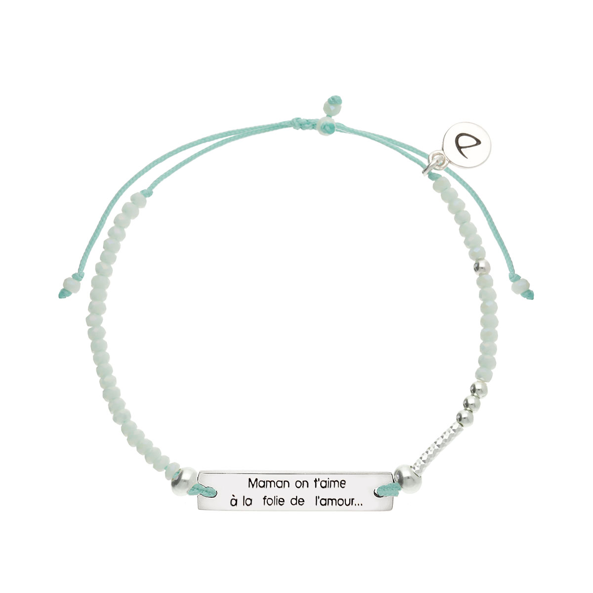 Bracelet Argent 925 Message Maman on t\'aime à la folie de l\'amour... Cordon Vert Perles Vert Clair