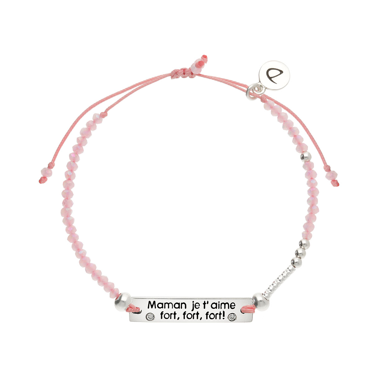 Bracelet Argent 925 Message Maman je t\'aime fort, fort, fort Cordon et Perles Rose