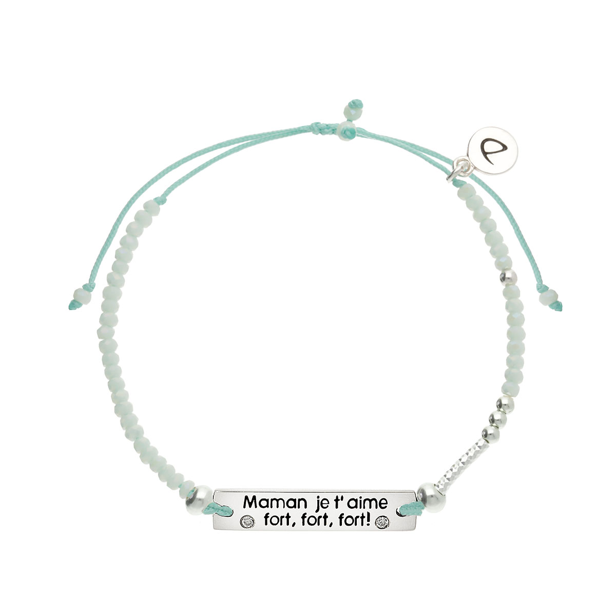 Bracelet Argent 925 Message Maman je t\'aime fort, fort, fort Cordon Vert Perles Vert Clair