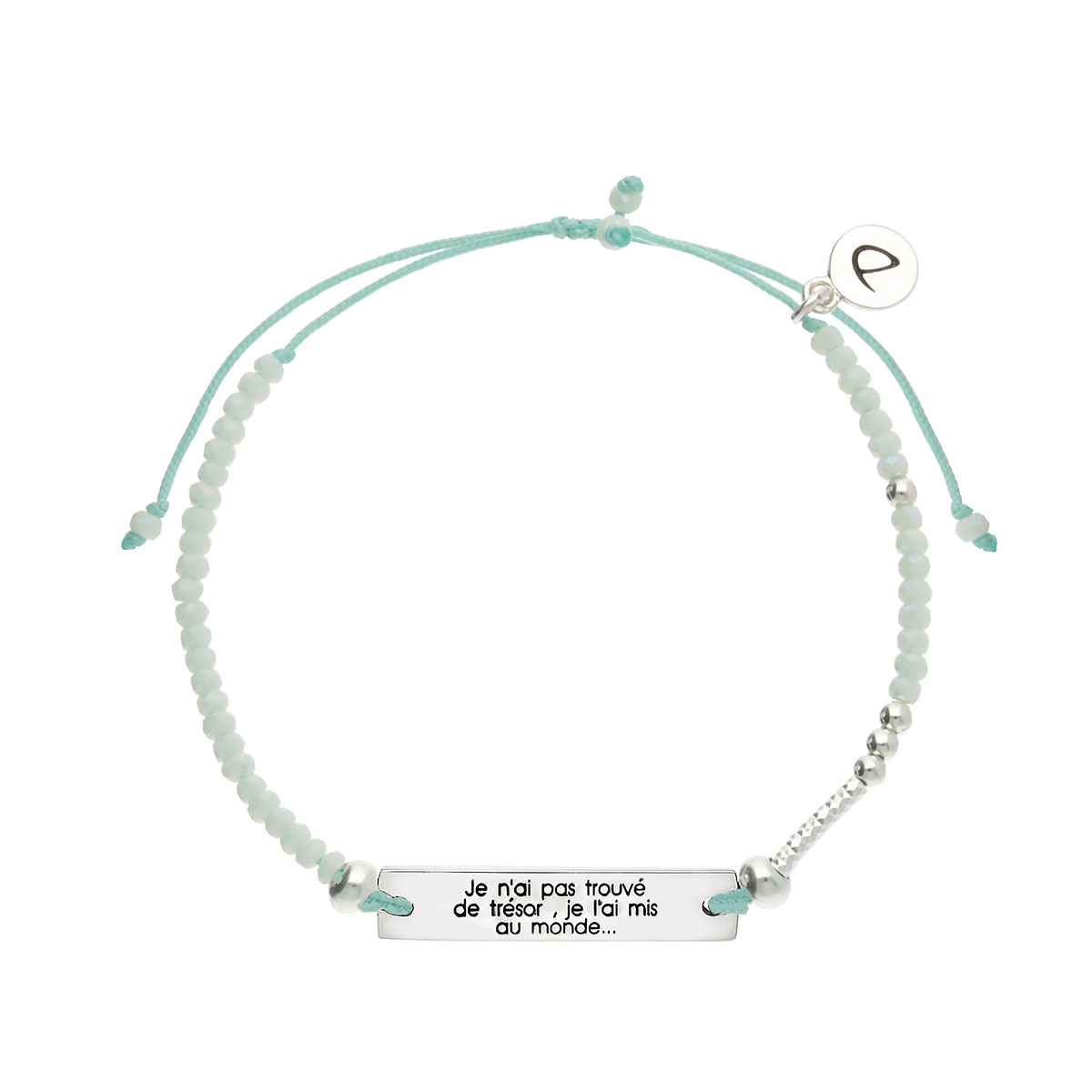 Bracelet Argent 925 Message Je n\'ai pas trouvé de trésor je l\'ai mis au monde... Cordon Vert Perles Vert Clair