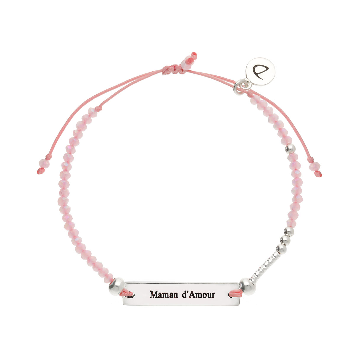 Bracelet Argent 925 Message Maman D\'amour Cordon et Perles Rose